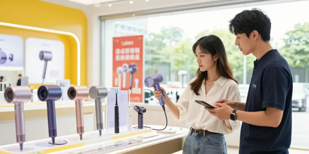 Laifen Deutschland Haartrockner und Elektrogeräte in modernem E-Commerce Geschäft präsentiert.