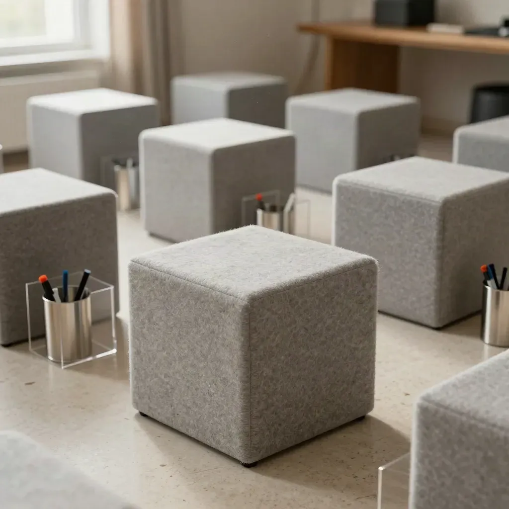 Bodennahe Makroansicht eines vorbereiteten Workshop-Raums mit Sitzinseln und Lichtstrahlen.