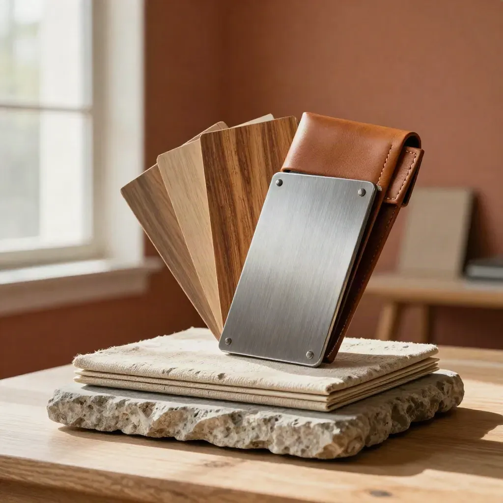 Materialmuster auf Steinsockel mit Leinencase, Holz, Metall und Leder im warmen Licht.