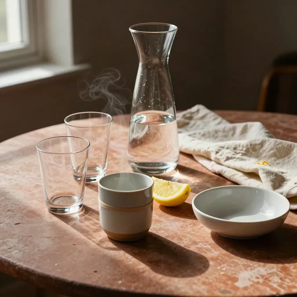 Karaffe, zwei Gläser, Tasse und Zitrusschale auf einem warmen Besprechungstisch im Morgenlicht