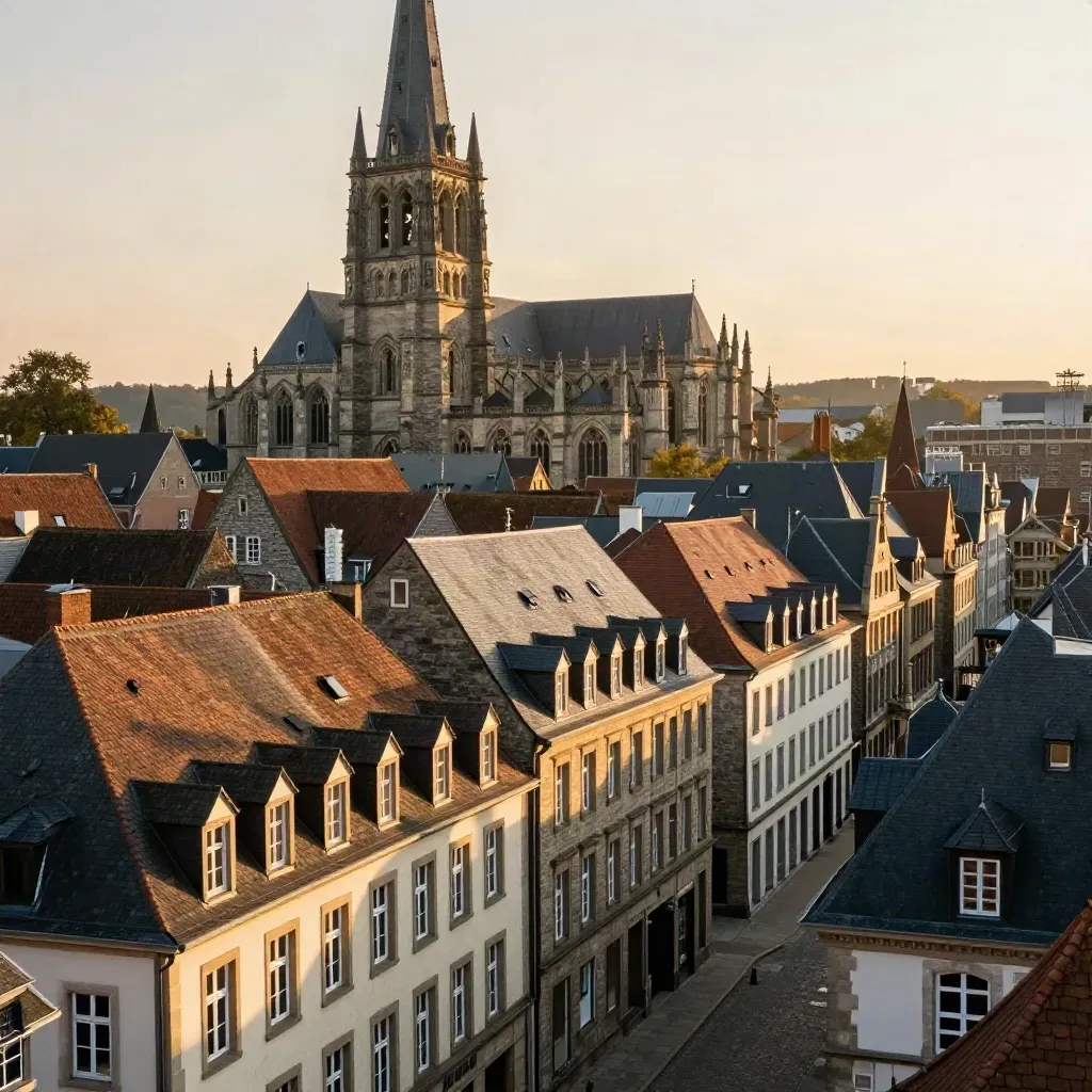 Aachens Altstadt mit Dom im goldenen Abendlicht über ruhigen Steindächern.