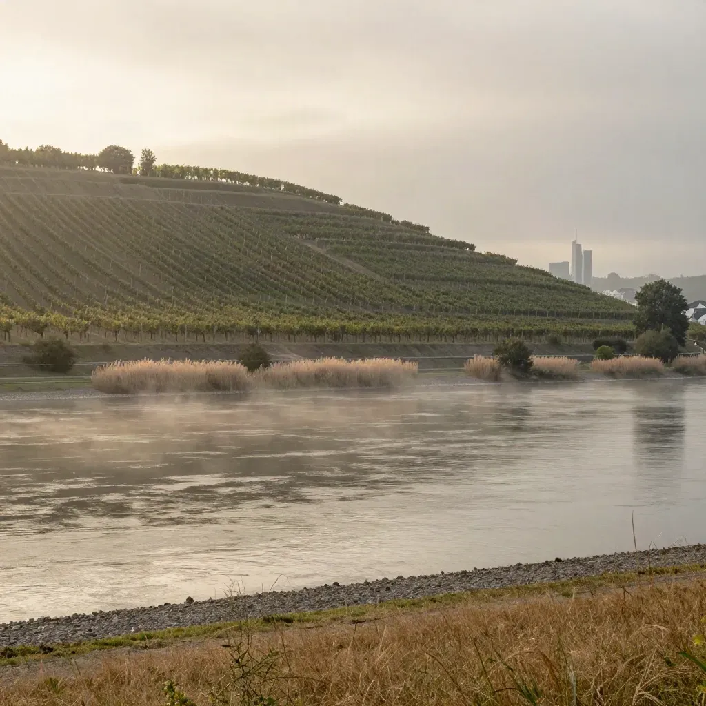 Weinhang, Mainufer und Frankfurt im Morgenhaze nach Sommersturm