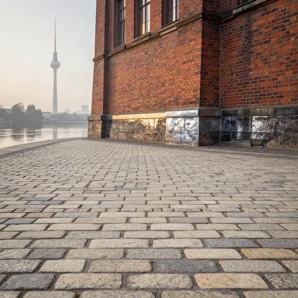 Berliner Ufer bei Dämmerung mit Pflaster, Backstein, Wasser und Fernsehturm in der Ferne.