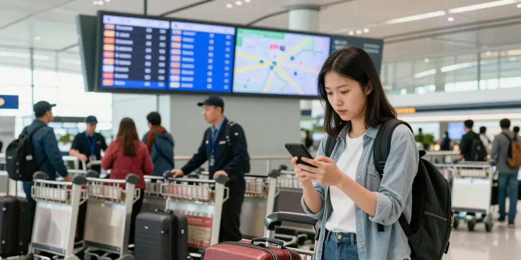 便宜机场的旅客在高峰时段检查航班信息,周围是行李车和其他旅客,展示繁忙的机场氛围。